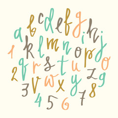 Vector alphabet. Hand drawn calligraphy letters. Modern calligraphy font. Vector letters isolated and easy to edit. Retro colors. For postcard or poster decorative graphic design.
