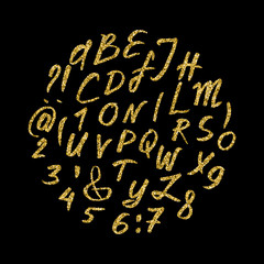 Golden glitter alphabet. Unique glowing vector font. Handdrawn calligraphy font. Glowing vector letters.