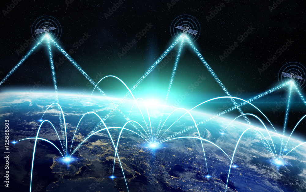Leinwandbilder global network and satellite data exchange 3d rendering elements
