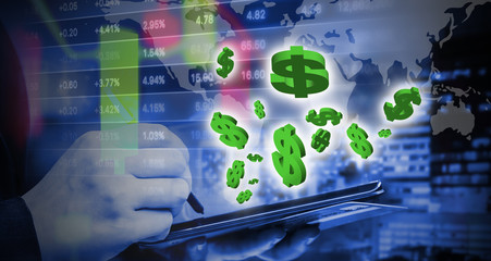Business woman holding smartphone with dollar sign