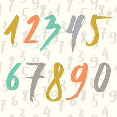 Hand drawn numbers made by brush and seamless pattern with numbers. Modern Brushed. Education. Vector Illustration