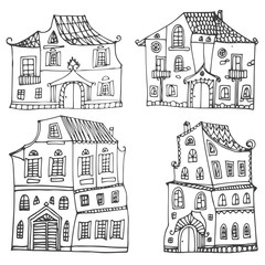 Fototapeta premium Hand drawn set of sketched typical country houses isolated on white background. Cartoon houses. Front view. Vector illustration. Black and white colors.
