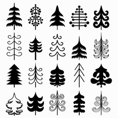 Obraz premium Christmas tree set isolated on white background. Black and white colors. New year symbols. Vector illustration