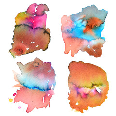 Set of abstract watercolor hand paint splashes. Watercolor drops isolated on white background. Hand painted illustration. Watercolor composition for scrapbook elements or print.