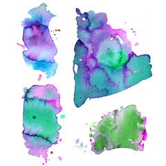 Set of abstract watercolor hand paint splashes. Watercolor drops isolated on white background. Hand painted illustration. Watercolor composition for scrapbook elements or print.
