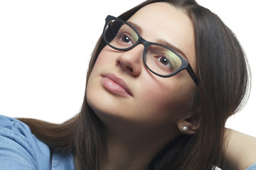 Portrait of attractive smiling woman in glasses isolated on whit