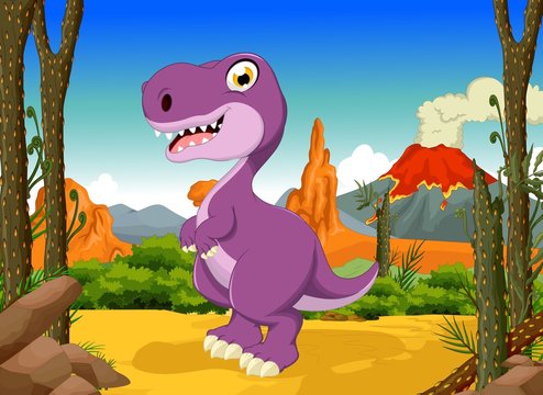 funny tyrannosaurs cartoon with forest landscape background