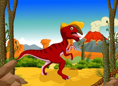 funny dinosaur Parasaurolophus cartoon with forest landscape background