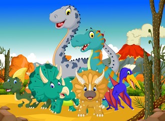 Naklejka premium zabawny rysunek dinozaura w dżungli z tłem krajobrazu