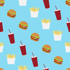 Pattern with french fry, burger, ice cream and soda fast food on blue background