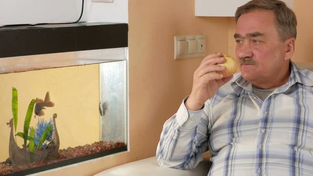 Man aged mustache resting at home and eats an apple. He looks at fish in an aquarium and fruit bites