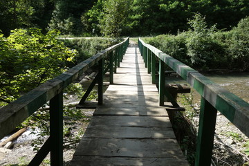 Fototapeta na wymiar Wooden bridge over mountain river. Transcarpathia