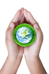 Save the earth by trees. Human hand holding global in soil with green tree for think earth concept. Elements of this image furnished by NASA.