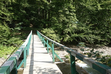 Wooden bridge over mountain river. Transcarpathia