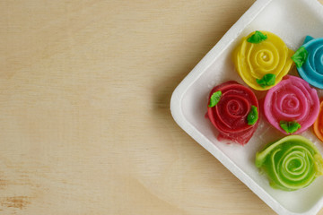 Aalaw(Thai dessert) Candy Colorful, On a wooden background