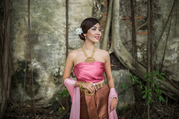 Asian woman wearing dress traditional Thai costume ,beautiful wo