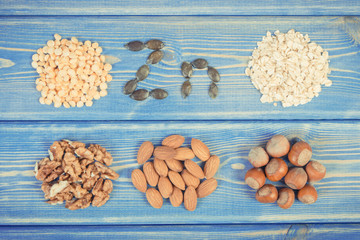 Vintage photo, Products and ingredients containing zinc and dietary fiber, healthy nutrition