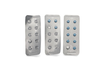 Blue pills in packages and empty packages isolated on white background