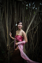 Asian woman wearing dress traditional Thai costume ,beautiful wo