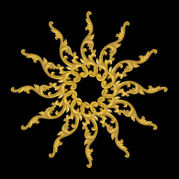 Isolated pattern of wooden carve gold paint on black background