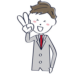 グレーのスーツの男性　イケメン　教師　先生 上半身　ピース
