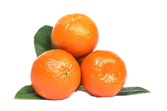 Three ripe juicy orange tangerines with leaves