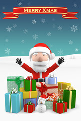 Christmas card. a lot of presents with  Santa Claus's, 3D illustration