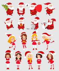 Set of Santa Claus and Christmas little girl cartoon flat icon isolated vector illustration