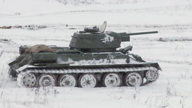 Legendary Russian Tank T34 in snowy weather
