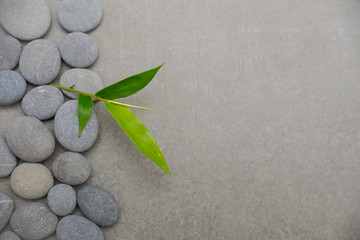 Fototapeta na wymiar Bamboo leaves on pile of gray stones-gray background