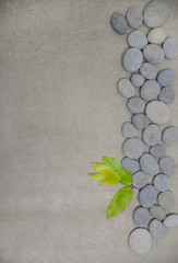 Fototapeta na wymiar Set of bamboo leaves on pile of gray stones-gray background