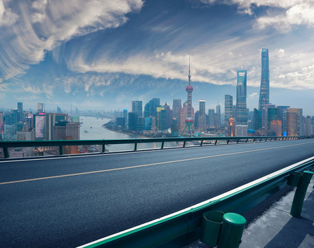 Empty road floor with bird-eye view at Shanghai bund Skyline