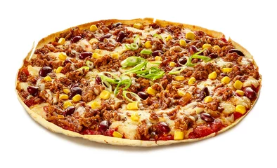 Crédence de cuisine en verre imprimé Pizzeria Tex-Mex tortilla pizza with kidney beans and corn