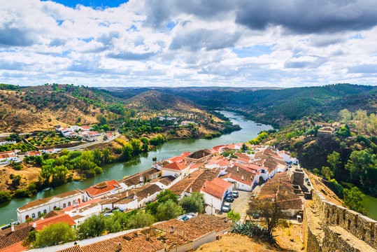View of the river Guadiana and the village of Mertola. Alentejo Region. Portugal