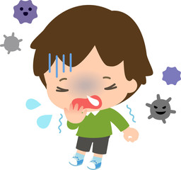 風邪をひいた男の子とウイルス