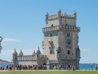 Lisbon, Portugal. The Belem tower (or Tower of Saint Vincent) close to the Tagus river and Atlantic ocean