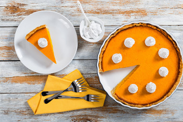 portion of delicious bright orange pumpkin open pie on plate
