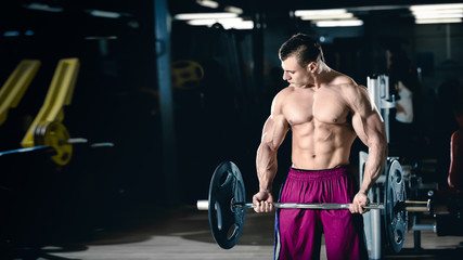 Fototapeta na wymiar Male bodybuilder, fitness model trains in the gym