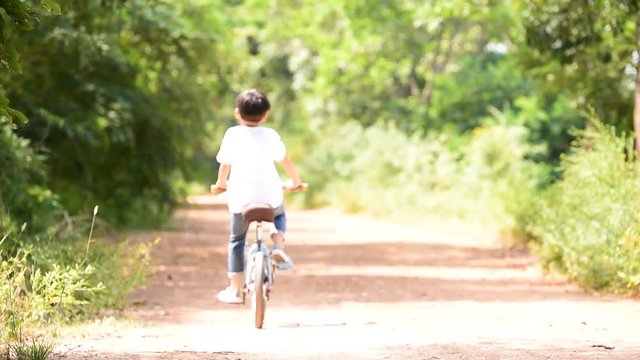 Young Thai boy ride bicycle hand on the road in the park.