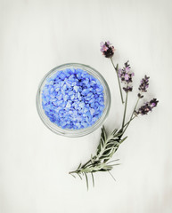 Fototapeta na wymiar Lavender sea salt in glass jar, top view