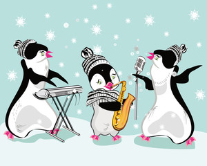 Fototapeta premium Series of cute penguins playing musical instruments. Christmas card.