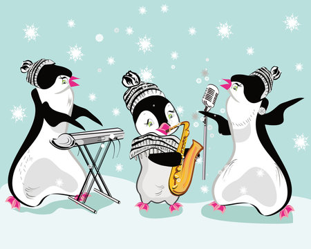 Series of cute penguins playing musical instruments. Christmas card.