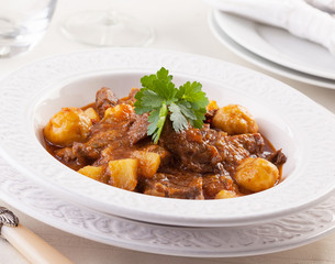 Hungarian goulash served on a white plate