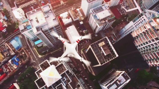 Drone flight above big city. Animation of drone flighting.
