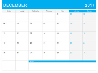 2017 December calendar (or desk planner) with notes