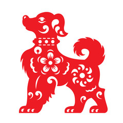 Red paper cut a dog zodiac and flower symbols