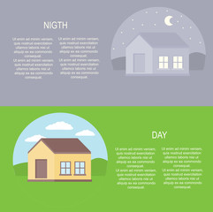 Vector illustration of a day and night house. House flat style at different times of the day with space for your text.