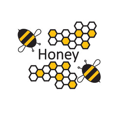 Plakat Bee Honey. Banner or poster with bees and honeycombs. The emblem or logo store honey. Vector illustration.