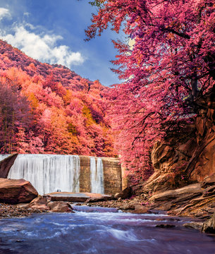 Fototapeta October colors and waterfall - -Basca Chiojdului- river, Siriu mountains, Basca Chiojdului village area, Buzau county, Romania - Infrared filter