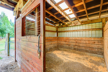 Empty stable in wooden horse barn.